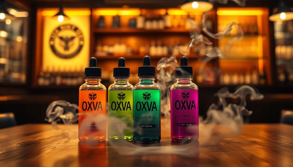 Oxva Liquid Flaschen kreativ angeordnet auf einem Holztablett in einer gemütlichen Vape-Shop-Atmosphäre.