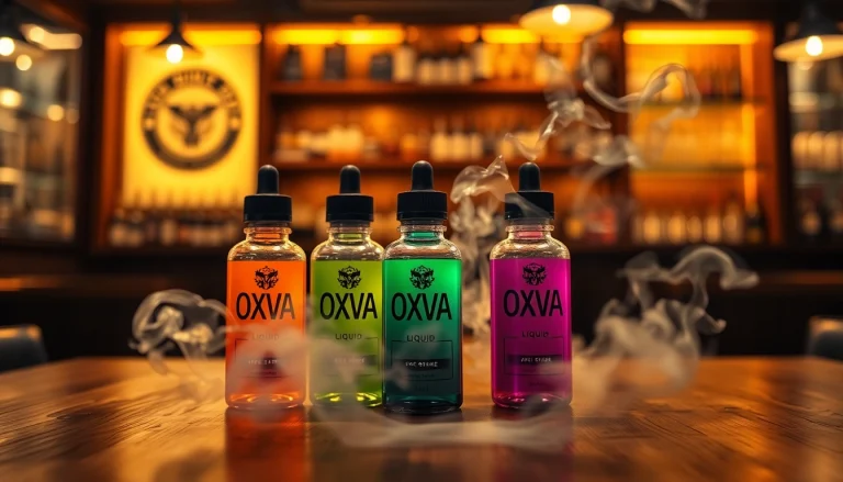 Oxva Liquid Flaschen kreativ angeordnet auf einem Holztablett in einer gemütlichen Vape-Shop-Atmosphäre.