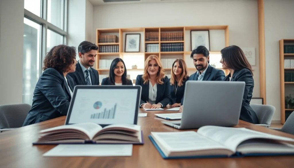 Engaged legal team from https://www.turnpikelaw.com collaborating in a modern office setting.
