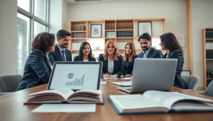 Engaged legal team from https://www.turnpikelaw.com collaborating in a modern office setting.