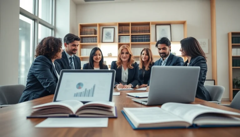 Engaged legal team from https://www.turnpikelaw.com collaborating in a modern office setting.