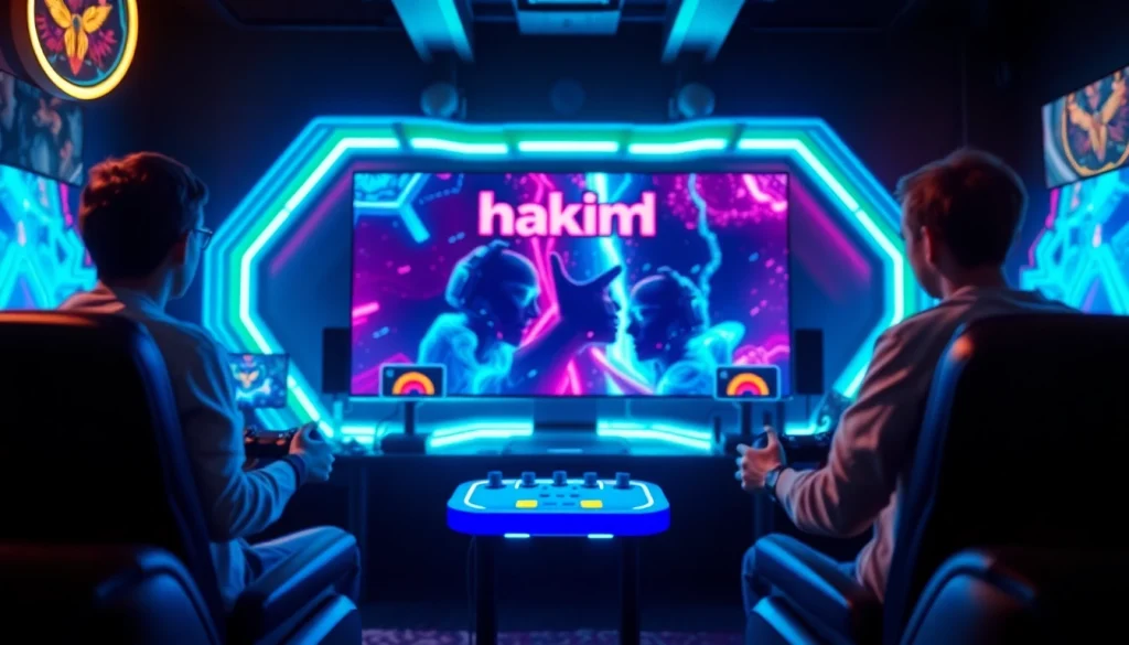 Menampilkan pemain terlibat dalam permainan hakim4d game dengan keseruan di latar belakang.