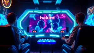 Menampilkan pemain terlibat dalam permainan hakim4d game dengan keseruan di latar belakang.