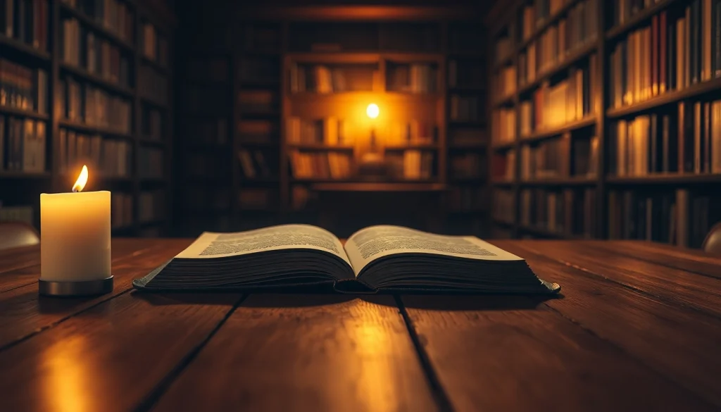 Engage with a clean thriller on a wooden table, set in a dimly lit library atmosphere.