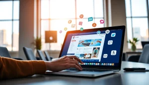 Engaging with the Instagram smm panel interface in a modern office showcasing social media connectivity.