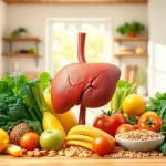 Does liver health affect weight loss? Illustration shows a healthy liver surrounded by nutritious foods.
