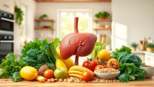Does liver health affect weight loss? Illustration shows a healthy liver surrounded by nutritious foods.
