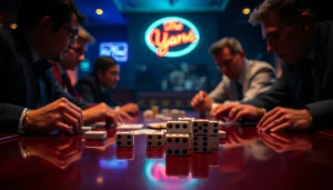 Bermain domino88 login poker game dengan serius di kasino yang bercahaya redup.