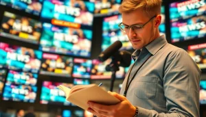 لقطة لمراسل يهتم بأخبار العرب في وسط غرفة أخبار نابضة بالحياة.