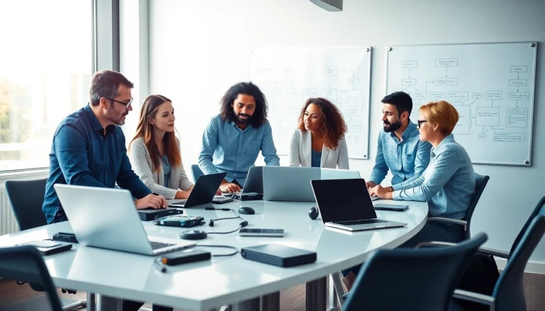 Team of software testing company professionals collaborating on quality assurance strategies.