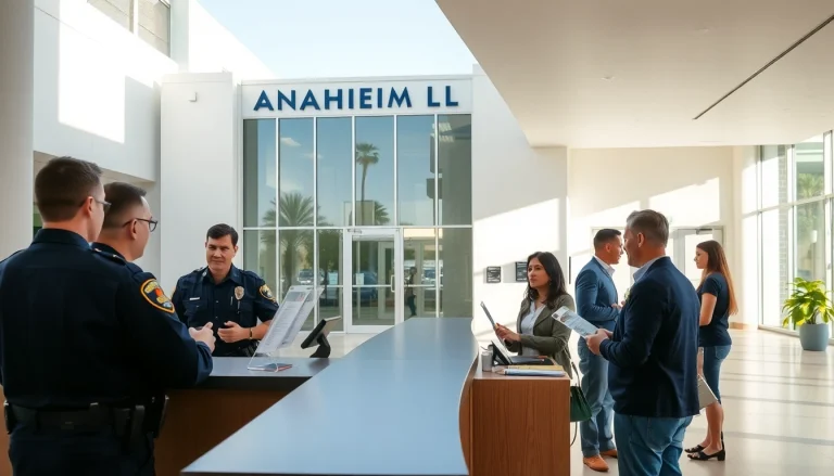 Perform Anaheim inmate search with police officers guiding community members in front of the Anaheim police station.