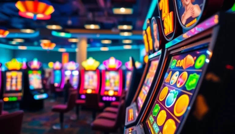 Menggambarkan pengalaman seru dari sayapbola slot dengan mesin slot berwarna-warni dan pemain antusias.