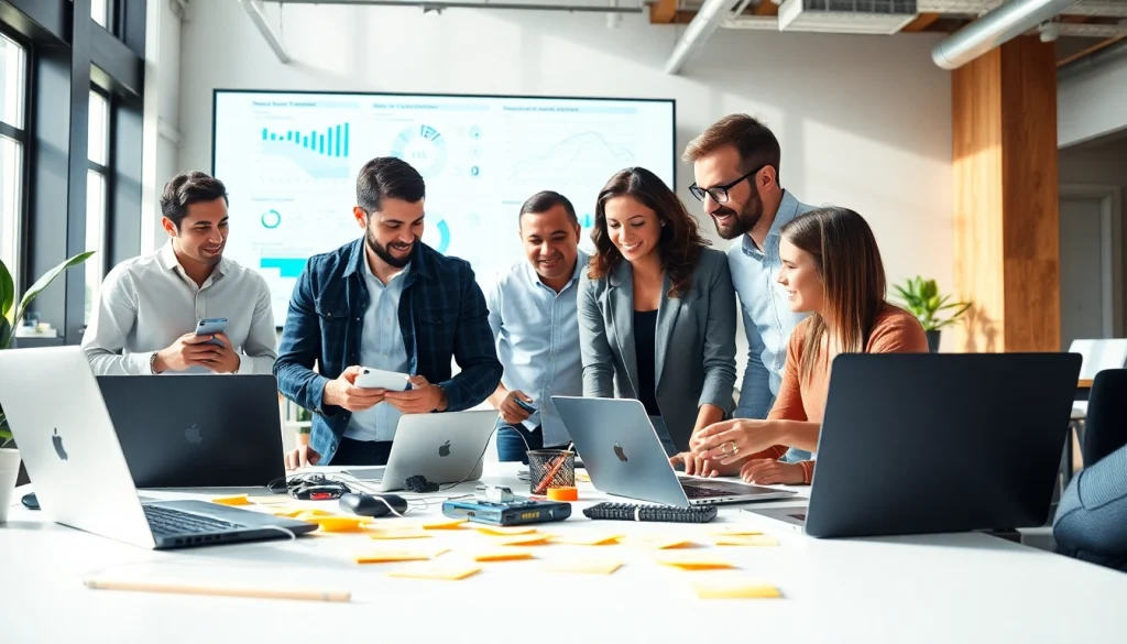 Engineers collaborating to innovate in Technology Companies with modern tools and bright workspace.