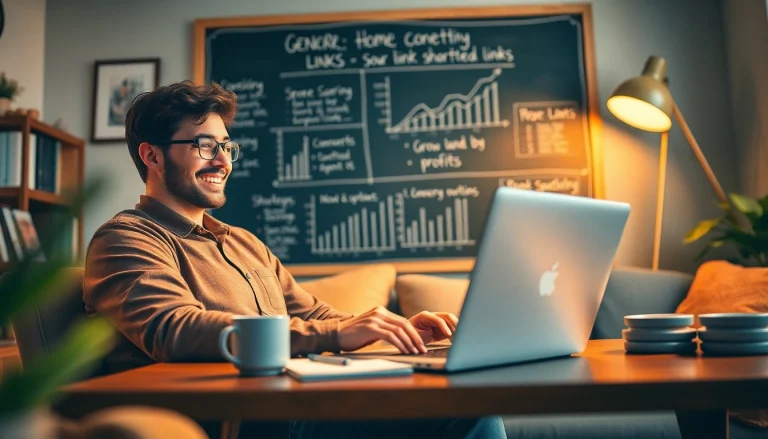Earn money on short links by a digital entrepreneur working in a home office environment.