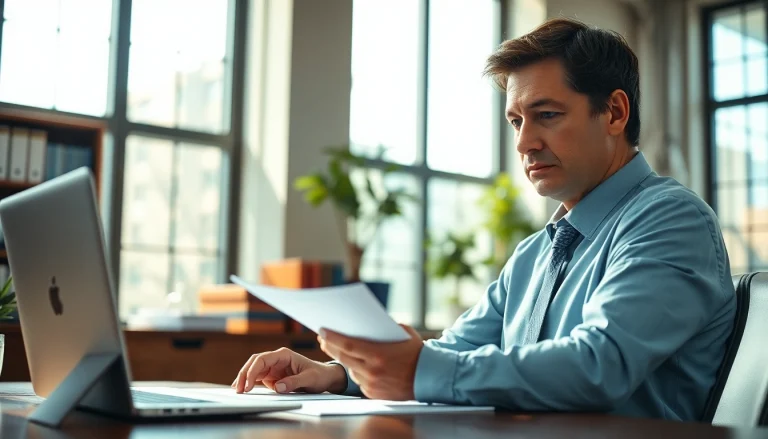 Reviewing case files at https://www.timgrabeattorney.com, a dedicated attorney in a professional office.