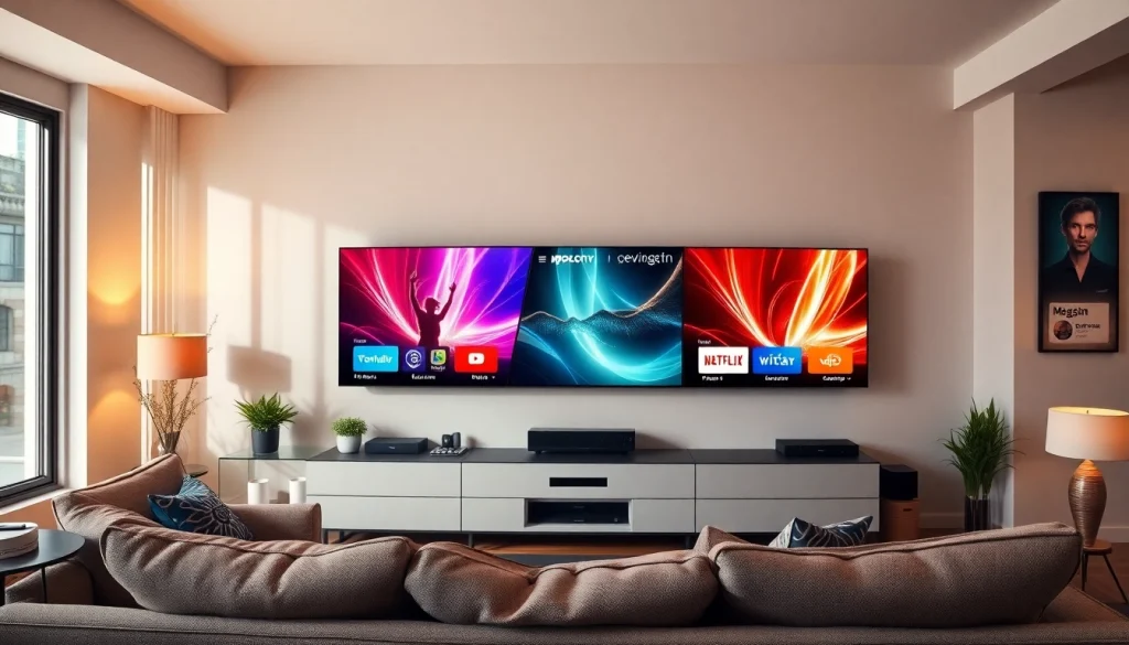 Stream movies and shows effortlessly with https://vizomate.com in a modern living room setup featuring multiple screens.