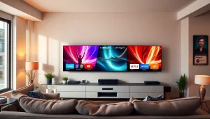 Stream movies and shows effortlessly with https://vizomate.com in a modern living room setup featuring multiple screens.