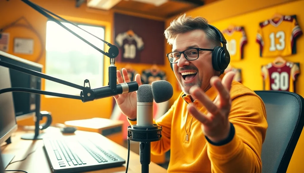 Engaging sports host at https://www.westcentralsbest.com radio studio, inviting atmosphere.