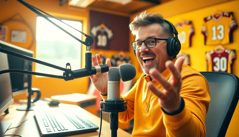 Engaging sports host at https://www.westcentralsbest.com radio studio, inviting atmosphere.