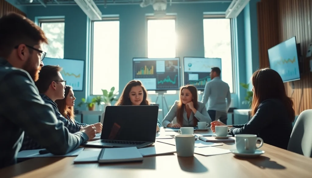 Engaged team analyzing social media panels in a vibrant marketing workspace.