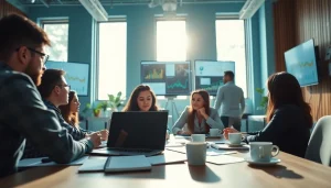 Engaged team analyzing social media panels in a vibrant marketing workspace.