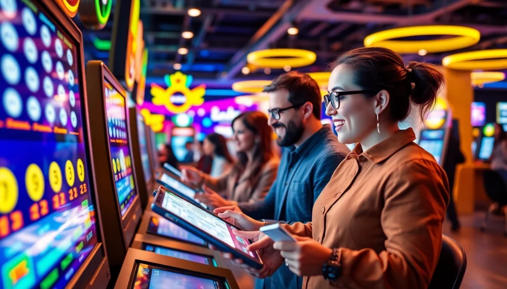 Menggambarkan komengtoto dengan pemain yang bersemangat di balik layar digital lotere.