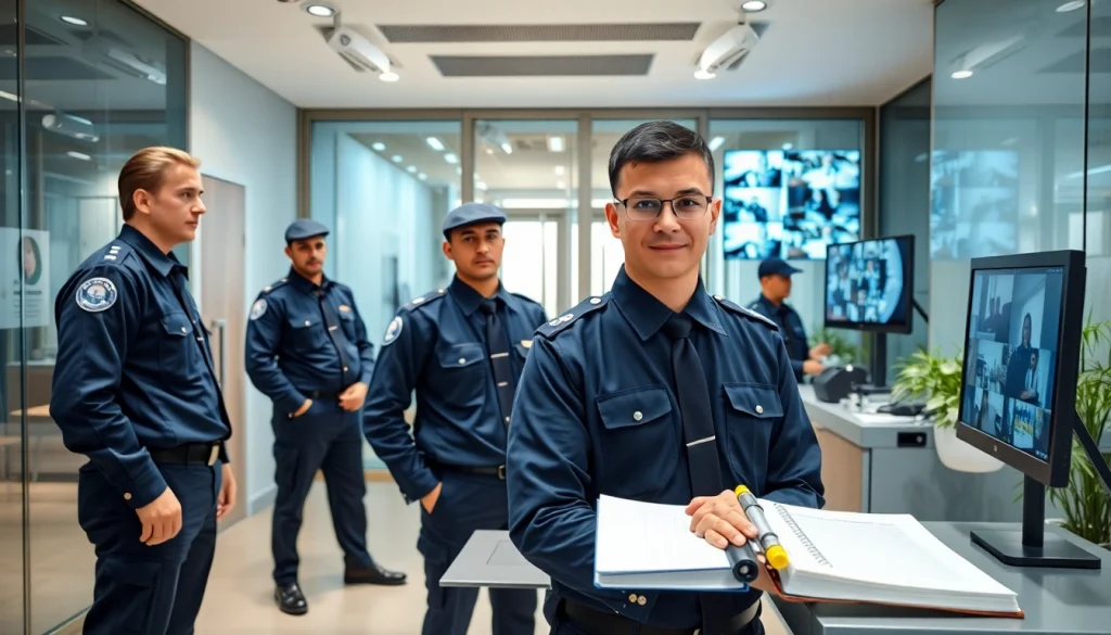 Security Guards professionally engaging visitors and monitoring security in a corporate environment.