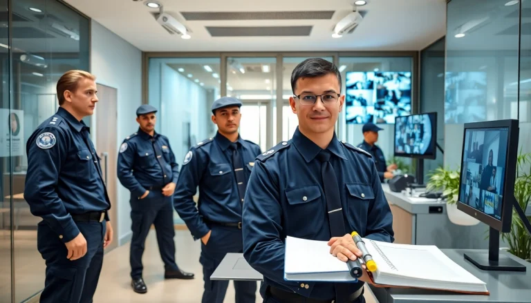 Security Guards professionally engaging visitors and monitoring security in a corporate environment.