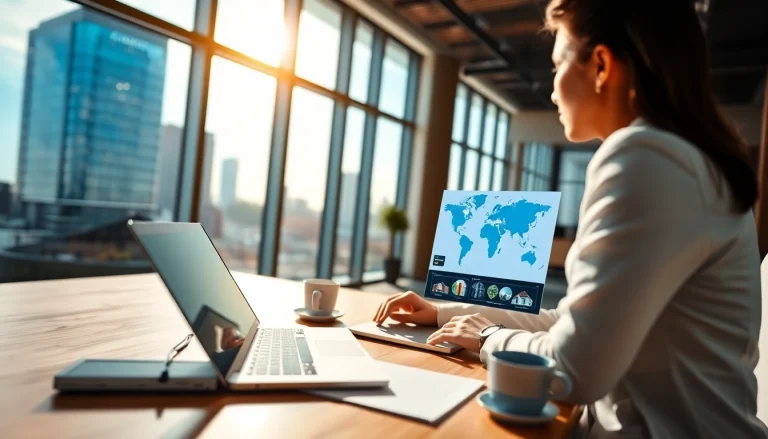 Evaluate international real estate websites with a professional agent in a modern office.