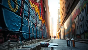 Explore vivid graffiti wall art on an urban backdrop, showcasing artistic energy and detail.
