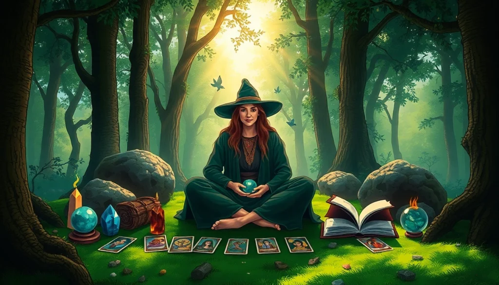 Engage with https://julielynn.co through a mystical reading experience in a serene forest setting.