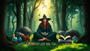 Engage with https://julielynn.co through a mystical reading experience in a serene forest setting.