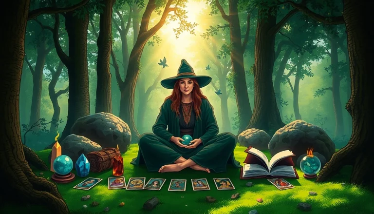 Engage with https://julielynn.co through a mystical reading experience in a serene forest setting.