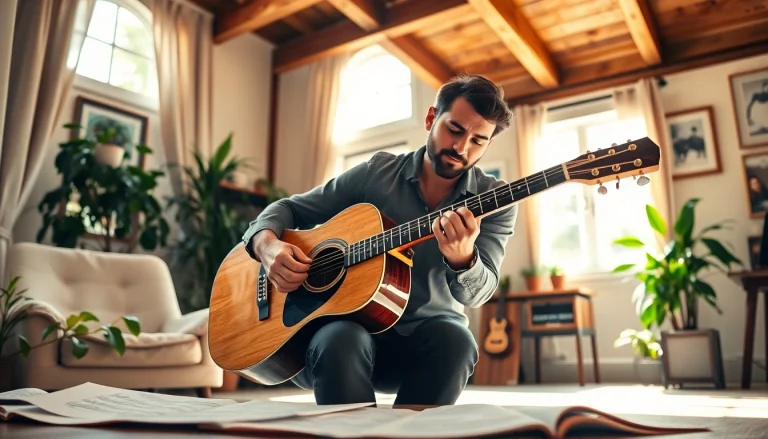 Engaged guitarist playing music at https://guitarlessons.co.uk, surrounded by a cozy studio atmosphere.