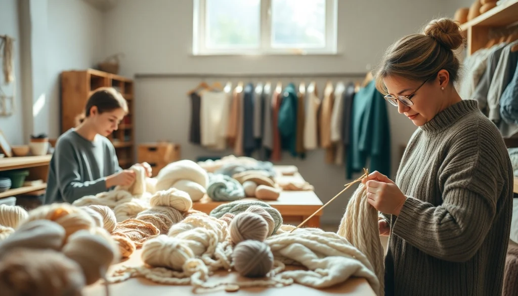 Capture artisans creating sustainable fashion garments at https://www.ound-ound.com showcasing intricate knitting techniques.