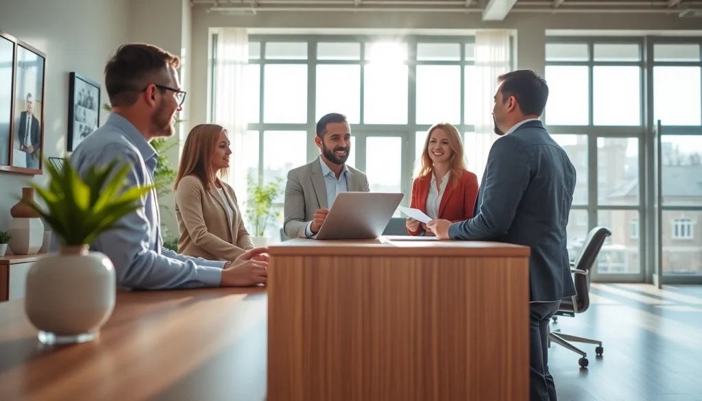 Real Estate agent assisting clients in a well-lit office environment with a professional atmosphere.