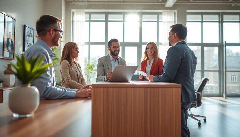 Real Estate agent assisting clients in a well-lit office environment with a professional atmosphere.