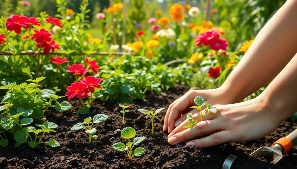 Gardening hands planting seedlings in rich soil amidst a vibrant garden.