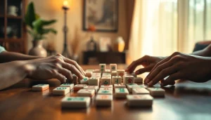 Bermain mahjong dengan berbagai pelat di meja kayu, menciptakan suasana kompetitif dan hangat.