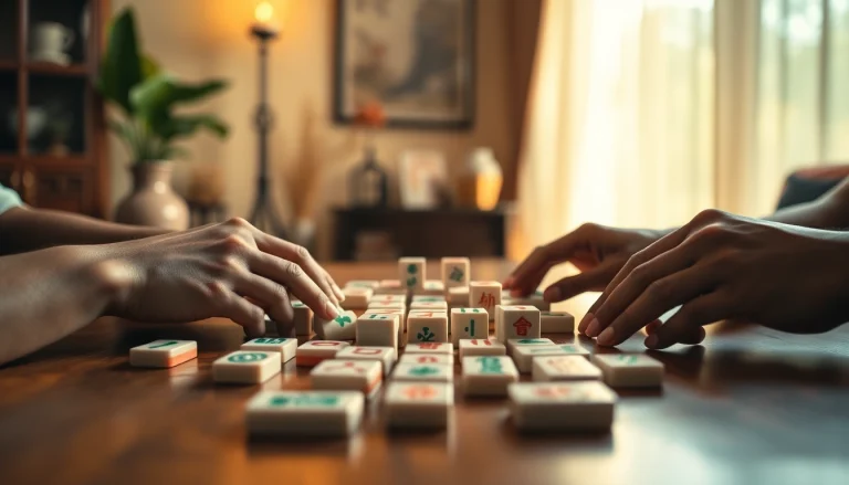 Bermain mahjong dengan berbagai pelat di meja kayu, menciptakan suasana kompetitif dan hangat.