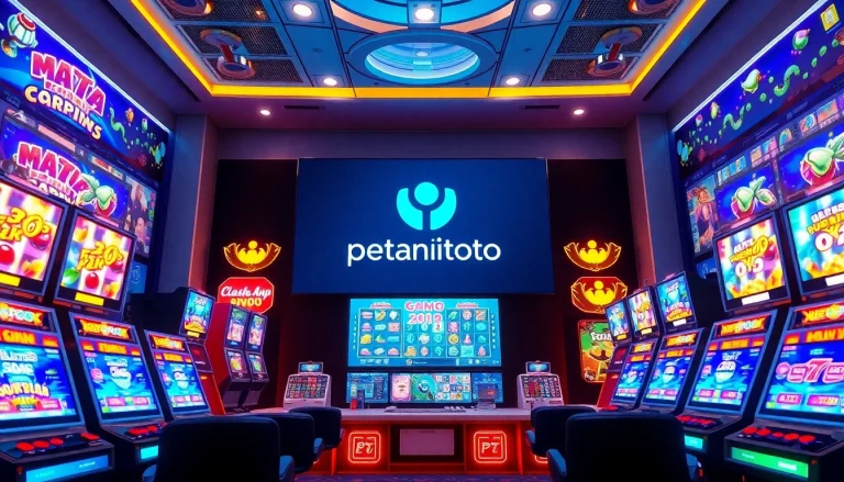 Menampilkan logo petanitoto di lingkungan permainan online yang dinamis dan berwarna.