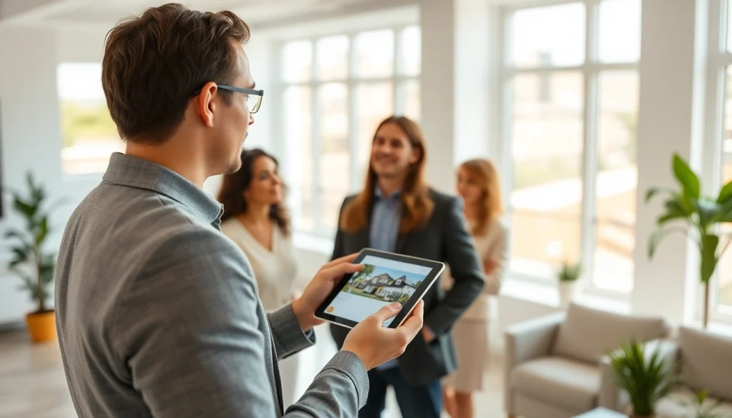 Real Estate agent assisting clients in a bright office showcasing listings.