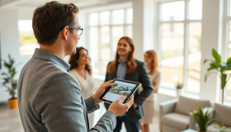 Real Estate agent assisting clients in a bright office showcasing listings.