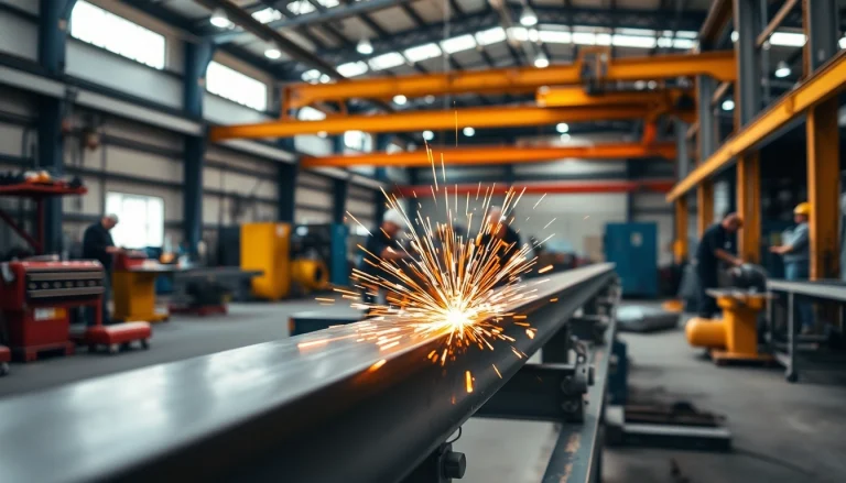 Showcasing structural steel fabrication, skilled artisans welding beams in a professional workshop.