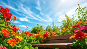 Gardening scene with colorful flowers and vegetables in lush growth, showcasing vibrant nature.