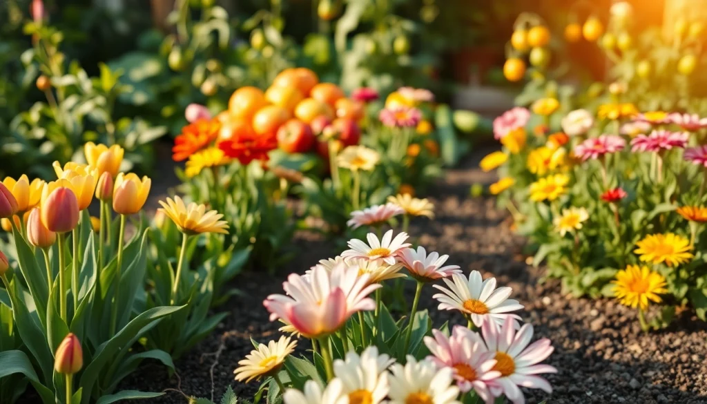 Gardening scene with flourishing flowers and vegetables in a well-maintained home garden.