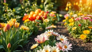 Gardening scene with flourishing flowers and vegetables in a well-maintained home garden.