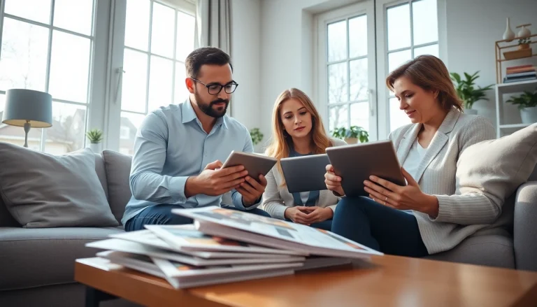 Engaging real estate agent assisting clients in a modern home office environment.