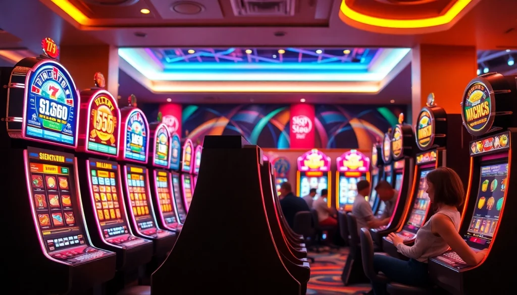 Slot depo 5k dengan mesin slot yang berwarna-warni dalam suasana kasino yang enerjik.