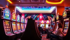 Slot depo 5k dengan mesin slot yang berwarna-warni dalam suasana kasino yang enerjik.